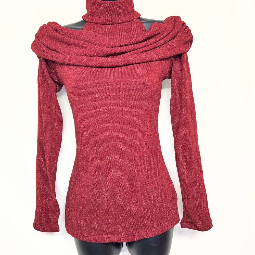 Y2K Cold Shoulder Turtleneck Marled Knit Pullover Sweater Large Casual Cozy Chic